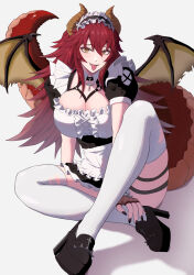 1girl absurdres apron black_dress black_footwear black_nails breasts cleavage dragon_girl dragon_horns dragon_tail dragon_wings dress fingerless_gloves fishnet_gloves fishnets gloves highres horns long_hair looking_at_viewer maid maid_apron maid_headdress meibin nail_polish red_hair shoes smile solo tail thighhighs tongue tongue_out virtual_youtuber vshojo white_hair white_headdress white_thighhighs wings zentreya zentreya_(dragon)