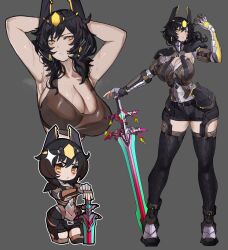 Rule 34 | 1girl, armor, armpits, arms behind head, arms up, belt, black belt, black hair, black thighhighs, boots, breasts, brown shirt, calamity (terraria mod), chibi, cleavage, closed mouth, cropped legs, cropped torso, full body, grey background, hand up, headgear, highres, holding, holding weapon, large breasts, looking at viewer, medium hair, mole, mole on arm, multiple views, original, outline, personification, shirt, shorts, simple background, sports bra, standing, sweat, sword, tank top, thighhighs, tomatolover16, weapon, white outline, xm-05 thanatos, yellow eyes