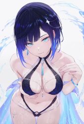 Rule 34 | 1girl, absurdres, bare shoulders, bikini, black bikini, black hair, blue bikini, blue eyes, blue hair, bracelet, breasts, cleavage, closed mouth, collarbone, commentary, cowboy shot, diagonal bangs, dice, duplicate, earrings, genshin impact, grabbing own breast, gradient hair, hair ornament, highres, jewelry, large breasts, looking at viewer, mole, mole on breast, multicolored hair, navel, neck tassel, paid reward available, purple hair, qiandaiyiyu, short hair, smile, solo, stomach, swimsuit, thighs, water, wet, white background, yelan (genshin impact)