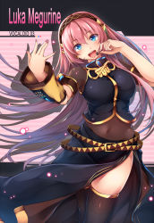 Rule 34 | 1girl, :d, bit (keikou syrup), black skirt, black thighhighs, black vest, blue eyes, blush, breasts, covered navel, cowboy shot, detached sleeves, headset, highres, large breasts, long hair, long skirt, looking at viewer, megurine luka, open mouth, pink hair, side slit, skirt, smile, solo, thighhighs, undershirt, very long hair, vest, vocaloid