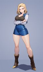 Rule 34 | 1girl, android 18, blonde hair, boots, breasts, cleavage, closed mouth, collarbone, commentary request, cropped jacket, crossed arms, dark night (darkotl), dragon ball, dragonball z, earrings, fingernails, full body, grey background, grey eyes, high heel boots, high heels, highres, jacket, jewelry, knee boots, legs, lips, long legs, long sleeves, medium breasts, medium hair, miniskirt, nail polish, shadow, shiny clothes, simple background, skirt, sleeveless, sleeveless jacket, solo, standing