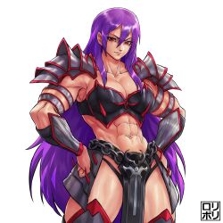 Rule 34 | 1girl, abs, armlet, armor, armored gloves, black armor, breastplate, breasts, cleavage cutout, clothing cutout, collarbone, hands on own hips, highres, jamrolypoly, large breasts, long hair, looking at viewer, midriff, muscular, muscular female, navel, original, pelvic curtain, purple hair, red eyes, scar, scar across eye, shoulder armor, solo, thick thighs, thighs, very long hair