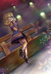 Rule 34 | 1girl, arm up, arm warmers, bad id, bad pixiv id, blonde hair, bridge, chikuwa (rinka), female focus, floating, floating object, glowing, glowing eyes, green eyes, hand to own mouth, lights, looking back, mary janes, mizuhashi parsee, night, pointy ears, river, scarf, shirt, shoes, short hair, skirt, solo, touhou