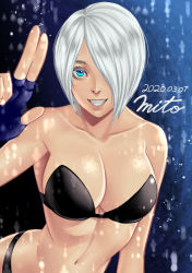 Rule 34 | 1girl, angel (kof), bare shoulders, blue eyes, breasts, female focus, fingerless gloves, gloves, hair over one eye, large breasts, looking at viewer, mito amatsu, navel, smile, snk, solo, the king of fighters, white hair