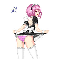 Rule 34 | 1girl, arched back, arms at sides, ass, back cutout, clothes lift, clothing cutout, dress, frilled hairband, frilled legwear, frilled sleeves, frills, hairband, highres, leaning forward, legs apart, lifted by self, looking at viewer, looking back, maid, mystia lorelei, open mouth, panties, pink eyes, pink hair, pink panties, pointy ears, short dress, short hair, short sleeves, signature, skirt, skirt lift, standing, touhou, twisted neck, underwear, white background, white wings, wings, wrist cuffs