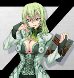 Rule 34 | 1girl, :q, between breasts, border break, breasts, bridal gauntlets, cleavage, fiona (border break), green eyes, green hair, headset, highres, holding, matching hair/eyes, pen, solo, syunzou, tongue, tongue out, watch, wristwatch