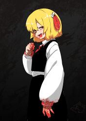 Rule 34 | 1girl, absurdres, black skirt, black vest, blonde hair, blood, blood on clothes, blood on face, blood on hands, blush, breasts, collared shirt, commentary request, cowboy shot, fang, from side, grey background, hair between eyes, hair ribbon, highres, kurodani yamame, long sleeves, looking at viewer, looking to the side, medium bangs, open mouth, red eyes, red ribbon, ribbon, rinyamame, rumia, shirt, short hair, skirt, skirt set, small breasts, smile, solo, tongue, tongue out, touhou, vest, white shirt