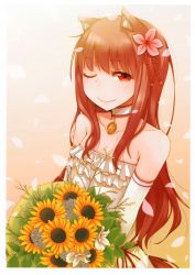Rule 34 | 1girl, ;), absurdres, animal ears, ayakura juu, bare shoulders, bouquet, brown hair, choker, collarbone, dress, elbow gloves, flat chest, flower, gloves, hair flower, hair ornament, highres, holo, lips, long hair, one eye closed, petals, red eyes, scan, small breasts, smile, solo, spice and wolf, tail, upper body, wedding dress, white dress, white gloves, wink, wolf ears, wolf tail