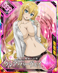 Rule 34 | 1girl, blonde hair, blue eyes, breasts, card (medium), claire harvey, cleavage, earrings, hundred (light novel), jewelry, large breasts, long hair, looking at viewer, navel, official art, open clothes, open shirt, toothbrush
