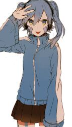 Rule 34 | 1girl, aaniko, arm at side, black skirt, blue eyes, blue jacket, brown skirt, cowboy shot, ene (kagerou project), facial mark, hair between eyes, hand up, headphones, jacket, kagerou project, long sleeves, looking at viewer, mekakucity actors, miniskirt, pleated skirt, simple background, sketch, skirt, sleeves past fingers, sleeves past wrists, solo, tongue, tongue out, track jacket, twintails, very long sleeves, w, white background, yellow eyes
