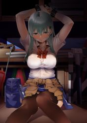 Rule 34 | 1girl, aqua eyes, aqua hair, arms up, bag, bdsm, blue skirt, blush, bondage, bound, bound wrists, bow, bowtie, breasts, brown thighhighs, byte (allbyte), clothes around waist, collared shirt, drooling, gym storeroom, hair ornament, hairclip, half-closed eyes, highres, kantai collection, large breasts, long hair, looking at viewer, pleated skirt, red bow, red bowtie, rope, school bag, school uniform, shirt, sidelocks, sitting, skirt, solo, suzuya (kancolle), sweater, sweater around waist, thighhighs, white shirt