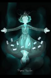 Rule 34 | 1girl, character name, closed eyes, commentary request, dress, ghost, ghost tail, green dress, green eyes, green hair, highres, kunreishiki, long sleeves, o (crazyoton46), romaji text, see-through, short hair, soga no tojiko, solo, touhou