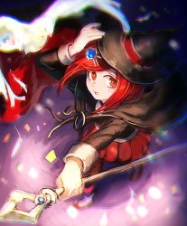 Rule 34 | 1girl, arms up, black cape, black hat, cape, commentary request, danganronpa (series), danganronpa v3: killing harmony, from above, gem, hair ornament, hairclip, hand on headwear, hat, highres, holding, holding staff, jacket, long sleeves, looking at viewer, open mouth, outstretched arm, pleated skirt, red eyes, red hair, red skirt, school uniform, short hair, skirt, smile, solo, staff, visket53, witch hat, yumeno himiko