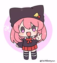 Rule 34 | 1girl, :d, animal hat, cat hat, chibi, hat, hat ornament, jewelry, long hair, miharu (youkai watch), neck ribbon, necklace, open mouth, pink eyes, pink hair, pleated skirt, ribbon, skirt, smile, solo, striped clothes, striped thighhighs, sweater, tabana, thighhighs, v, youkai watch, youkai watch jam: youkai gakuen y