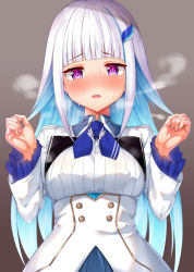 Rule 34 | 1girl, blue hair, blue neckwear, blush, breasts, brown background, commentary request, hair ornament, hands up, heavy breathing, jacket, kuragari, lize helesta, long hair, looking at viewer, multicolored hair, nijisanji, nose blush, purple eyes, shirt, small breasts, solo, two-tone hair, upper body, very long hair, virtual youtuber, white hair, white jacket, white shirt