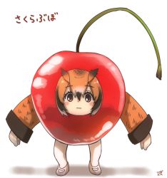 Rule 34 | 1girl, :|, black hair, blush stickers, brown eyes, brown hair, cherry, closed mouth, commentary request, eurasian eagle owl (kemono friends), expressionless, food, fruit, full body, hair between eyes, highres, kemono friends, looking at viewer, signature, simple background, solo, thin (suzuneya), translation request, what, white background, white hair