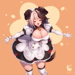 Rule 34 | 1girl, :3, animal ears, bell, blonde hair, breasts, brown hair, cleavage, cleavage cutout, closed eyes, clothing cutout, collar, dog ears, dog girl, dog tail, dress, elbow gloves, fangs, gloves, hachiko of castling, highres, large breasts, last origin, maid headdress, multicolored hair, neck bell, open mouth, outstretched arms, puffy short sleeves, puffy sleeves, short sleeves, smile, solo, split-color hair, tail, thighhighs, toriseru (rare stone), two-tone hair, white gloves, white thighhighs