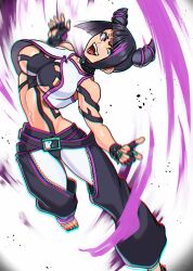 Rule 34 | 1girl, 1other, akisu k, black hair, bracelet, breasts, chromatic aberration, fangs, fingerless gloves, gloves, hair horns, han juri, heterochromia, jewelry, large breasts, nails, navel, open mouth, pants, smile, spiked bracelet, spiked necklace, spikes, street fighter, street fighter 6, white background