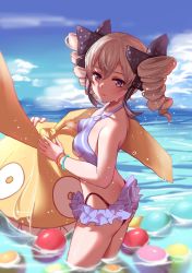 Rule 34 | 1girl, bigroll, bikini, blue bikini, blue eyes, blue sky, bow, bracelet, breasts, bronya zaychik, cloud, commentary request, day, drill hair, frilled bikini, frills, from side, hair between eyes, hair bow, homu (honkai impact), honkai (series), honkai impact 3rd, jewelry, long hair, looking at viewer, ocean, outdoors, silver hair, sky, small breasts, solo, striped bikini, striped clothes, swimsuit, twin drills, underboob, wading, wet, wet clothes, wet swimsuit