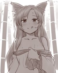 Rule 34 | 1girl, :q, animal ear fluff, animal ears, bamboo, bamboo forest, bare shoulders, blush, breasts, commentary, forest, frilled sleeves, frills, greyscale, highres, imaizumi kagerou, large breasts, long hair, long sleeves, looking at viewer, miyo (ranthath), monochrome, nature, off shoulder, smile, solo, split mouth, sweat, tongue, tongue out, touhou, undressing, upper body, wide sleeves, wolf ears