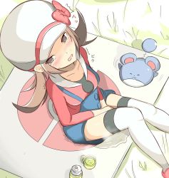 Rule 34 | 1girl, animal ears, between legs, black eyes, blue shorts, blush, bow, brown eyes, brown hair, collarbone, creatures (company), cup, drink, embarrassed, from above, game freak, gen 2 pokemon, grass, hand between legs, hat, have to pee, knees together feet apart, looking at viewer, looking up, lyra (pokemon), marill, mat, muroi (fujisan0410), nintendo, open mouth, outdoors, overalls, peeing, peeing self, picnic, pokemon, pokemon (creature), red bow, saliva, shoes, short hair, short twintails, shorts, sitting, steam, suspenders, sweat, tail, tea, teacup, tears, text focus, thermos, thigh strap, thighhighs, trembling, twintails, white headwear, white thighhighs, zettai ryouiki