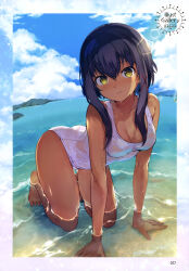 Rule 34 | 1girl, absurdres, all fours, bare shoulders, barefoot, beach, black hair, blue sky, blush, breasts, cleavage, closed mouth, cloud, cloudy sky, collarbone, dark-skinned female, dark skin, day, full body, hair ornament, highres, konbu wakame, looking at viewer, medium breasts, non-web source, ocean, one-piece swimsuit, original, outdoors, page number, sara (konbu wakame), scan, school swimsuit, short hair, short hair with long locks, sidelocks, sky, smile, solo, swimsuit, water, wet, wet clothes, white one-piece swimsuit, x hair ornament, yellow eyes