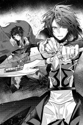 Rule 34 | 2boys, alcryst (fire emblem), arrow (projectile), bow (weapon), brothers, cape, diamant (fire emblem), fire emblem, fire emblem engage, greyscale, hair ornament, hairclip, highres, holding, holding bow (weapon), holding weapon, illust mi, long sleeves, looking at viewer, monochrome, multiple boys, nintendo, short hair, siblings, standing, weapon