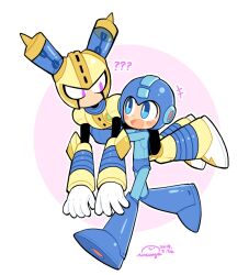 Rule 34 | 2boys, ???, android, armor, black bodysuit, blue armor, blue eyes, blue headwear, blush, bodysuit, breastplate, carrying, carrying over shoulder, carrying person, chibi, commentary request, full body, fuse, fuse man, gloves, heart, helmet, highres, joints, looking at another, male focus, mega man (character), mega man (classic), mega man (series), mega man 11, multiple boys, multiple views, purple eyes, robot, robot ears, robot joints, simple background, vambraces, wenyu, white background, white gloves, yellow armor, yellow headwear