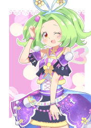Rule 34 | 1girl, :d, ;d, bare shoulders, border, bow, clenched hand, commentary, cowboy shot, detached sleeves, dress, dress flower, flower, forehead, fur trim, green hair, hair bow, hair flower, hair intakes, hair ornament, hairband, idol, kiratto pri chan, looking at viewer, multicolored eyes, one eye closed, open mouth, pink background, pretty series, rabbily (kiratto pri chan), red eyes, short hair, smile, solo, star-shaped pupils, star (symbol), star in eye, symbol-shaped pupils, symbol in eye, toon (noin), white border, wristband, yellow eyes