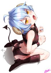 Rule 34 | 1boy, ahoge, amamfoy, artist name, ass, black footwear, blue hair, blue nails, blush, clenched hands, demon boy, demon tail, horns, looking up, male focus, nail polish, open mouth, original, sheep horns, sitting, solo, tail, trap, wariza, wrist cuffs, yellow eyes