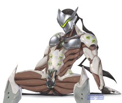 Rule 34 | 1boy, armor, bara, cum, ejaculation, electric, erection, genji (overwatch), male focus, mask, orgasm, overwatch, overwatch 1, penis, sitting, solo, sweat, testicles