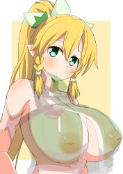 Rule 34 | 1girl, bare shoulders, blonde hair, breasts, closed mouth, elf, green eyes, hair between eyes, highres, huge breasts, inverted nipples, leafa, looking at viewer, naruse mai, non-web source, pointy ears, ponytail, smile, solo, sword art online, third-party edit, upper body