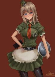 Rule 34 | 10s, 1girl, alternate costume, apron, bad id, bad pixiv id, belt, black pantyhose, blue eyes, blush, contrapposto, cowboy shot, cross, garrison cap, girls und panzer, hand on own hip, hat, head tilt, highres, holding, iron cross, itsumi erika, long hair, looking at viewer, necktie, notepad, pantyhose, red background, signature, silver hair, simple background, sketch, solo, solokov (okb-999), standing, tray, waist apron, waitress