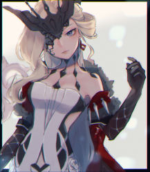 Rule 34 | 1girl, bad id, bad pixiv id, bare shoulders, blonde hair, blue eyes, breasts, cleavage, closed mouth, collarbone, earrings, fishnet gloves, fishnets, fur trim, genshin impact, gloves, headpiece, jewelry, kino (m6t2a), lace-trimmed eyepatch, lipstick, long hair, looking at viewer, makeup, one eye covered, signora (genshin impact), simple background, solo, upper body, white background