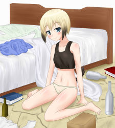 Rule 34 | barefoot, bed, blonde hair, book, bottle, erica hartmann, messy room, panties, strike witches, underwear, world witches series