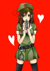 Rule 34 | 1girl, ahoge, alternate costume, alternate hairstyle, axis powers hetalia, badge, belt, black thighhighs, blush, brown hair, covering face, covering own mouth, covering privates, cuffs, food, genderswap, genderswap (mtf), green eyes, gun, handcuffs, handgun, hat, heart, miniskirt, peaked cap, police, police uniform, policewoman, red background, short hair, simple background, skirt, solo, southern italy (hetalia), thighhighs, tomato, uniform, vegetable, weapon, zettai ryouiki