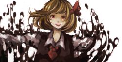 Rule 34 | 1girl, bad id, bad pixiv id, blonde hair, bow, darkness, embodiment of scarlet devil, female focus, hair bow, mgn0isi, open mouth, outstretched arms, red eyes, rumia, short hair, smile, solo, spread arms, touhou, upper body