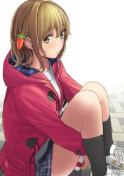 Rule 34 | 1girl, bad id, bad pixiv id, black socks, blue skirt, blush, brown hair, carrot hair ornament, closed mouth, coat, duffel coat, food-themed hair ornament, hair ornament, hugging own legs, kneehighs, knees up, looking at viewer, open clothes, open coat, original, plaid, plaid skirt, resolution mismatch, shoes, sidelocks, sitting, skirt, sneakers, socks, solo, source larger, yellow eyes, yoropa