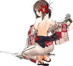 Rule 34 | 10s, 1girl, amagi (kancolle), back, back turned, bare back, brown eyes, brown hair, feet, from behind, full body, hair ornament, japanese clothes, kantai collection, kimono, kuuro kuro, leaf, leaf hair ornament, long hair, looking back, maple leaf, matching hair/eyes, mole, mole under eye, official art, on ground, ponytail, sandals, soles, solo, torn clothes, transparent background