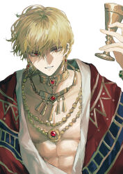 Rule 34 | 1boy, absurdres, alternate costume, arabian clothes, blonde hair, chalice, cloak, cup, earrings, fate/grand order, fate (series), gilgamesh (fate), highres, jewelry, looking at viewer, male focus, necklace, open cloak, open clothes, open mouth, pectorals, phanta, red eyes, short hair, smile, solo, topless male