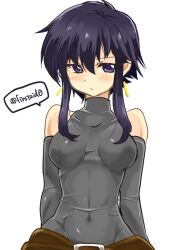 Rule 34 | 1girl, artist name, bare shoulders, belt, black bodysuit, black hair, blush, bodysuit, covered navel, detached sleeves, earrings, fire emblem, fire emblem: genealogy of the holy war, jewelry, larcei (fire emblem), looking to the side, nintendo, short hair, sidelocks, skin tight, solo, tomboy, white background, yukia (firstaid0)