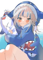 Rule 34 | animal hood, bare legs, bloop (gawr gura), blue eyes, blue hair, blue hoodie, blush, closed mouth, drooling, fins, fish bone, fish tail, gawr gura, gawr gura (1st costume), grey hair, highres, hojhcwqlwrfrvnk, hololive, hololive english, hood, hood up, hoodie, hug, long hair, multicolored hair, open mouth, patterned, patterned background, polka dot, polka dot background, scar, scar on stomach, shark hood, shark tail, sharp teeth, sleeves past wrists, smile, stitches, streaked hair, sweat, sweatdrop, tail, teeth, upper teeth only, virtual youtuber