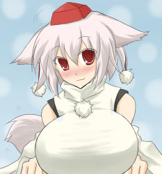 Rule 34 | 1girl, animal ears, bare shoulders, blush, breasts, detached sleeves, hat, huge breasts, inubashiri momiji, oro (zetsubou girl), pom pom (clothes), red eyes, short hair, silver hair, solo, tail, tokin hat, touhou, wide sleeves, wolf ears, wolf tail