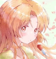 Rule 34 | + +, 1girl, blush, cake, cherry blossoms, commentary request, cream, detached hair, dorara9002, floating hair, food, fork, fruit, green background, hime cut, jewelry, long hair, looking at viewer, mermaid melody pichi pichi pitch, neck ring, necklace, orange hair, seira (mermaid melody pichi pichi pitch), solo, strawberry, strawberry cake