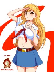 Rule 34 | 1girl, :o, belt, blonde hair, blue skirt, braid, breasts, brown eyes, collarbone, commentary, covered erect nipples, cowboy shot, crop top, dated, emblem, english commentary, hair between eyes, hand on own chest, highres, huyase, large breasts, long hair, looking at viewer, midriff, navel, pioneer (brand), red neckwear, salute, sasha givental, see-through silhouette, shirt, short sleeves, side braid, simple background, skirt, solo, translated, uniform, very long hair, vladimir lenin, white background, white shirt