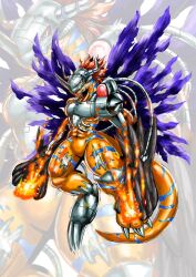 Rule 34 | abs, arm cannon, claws, colored skin, digimon, digimon (creature), fire, highres, horns, looking at viewer, metalgreymon, orange hair, orange skin, sawa d, solo, torn wings, weapon, wings