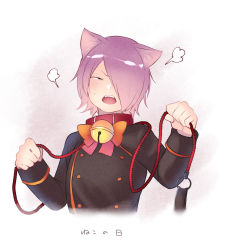 Rule 34 | 1boy, angry, animal ears, artist name, bell, boku no hero academia, bow, buttons, cat ears, chikuwa savy, closed eyes, collar, commentary request, double-breasted, fangs, hair over one eye, highres, jingle bell, leash, male focus, neck bell, open mouth, purple hair, shishikura seiji, short hair, short sleeves, simple background, solo, teeth, translation request, upper body, upper teeth only