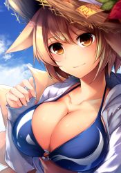 Rule 34 | 1girl, adapted costume, alternate headwear, animal ears, bikini, blonde hair, blue bikini, blue sky, blush, breasts, brown eyes, cloud, collarbone, commentary request, day, fox ears, fox tail, halterneck, hand up, hat, highres, hood, hooded jacket, jacket, large breasts, leaf, long sleeves, looking at viewer, midori (misuriru8), multiple tails, o-ring, o-ring bikini, ofuda, open clothes, open jacket, outdoors, sky, sleeves past wrists, smile, solo, sun hat, swimsuit, tail, touhou, upper body, white jacket, yakumo ran