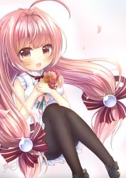 Rule 34 | 1girl, :d, ahoge, bare arms, bare shoulders, black bow, black footwear, black pantyhose, blush, bow, breasts, brown eyes, brown ribbon, commentary request, dress, flower, hair between eyes, hair ribbon, holding, holding flower, long hair, looking at viewer, low twintails, medium breasts, open mouth, original, own hands together, pantyhose, petals, pink flower, pink hair, pleated dress, red flower, ribbon, shoes, sitting, sleeveless, sleeveless dress, smile, solo, striped ribbon, teeth, thighband pantyhose, twintails, upper teeth only, very long hair, white dress, yukiyuki 441