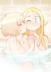 Rule 34 | 2girls, bathing, blonde hair, blush, breasts, closed eyes, colodraws, convenient censoring, dungeon meshi, elf, falin touden, falin touden (tallman), green eyes, holding hands, marcille donato, multiple girls, nude, one eye closed, partially submerged, pointy ears, smile, steam, steam censor, yuri